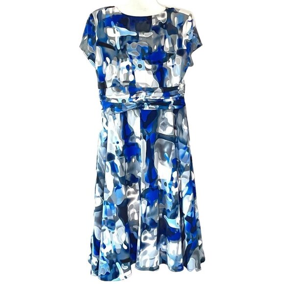 Kathy Roberts Wrap Midi Dress Blue Grey Black Abstract Geometric Cap Sleeve 10 - Picture 2 of 7